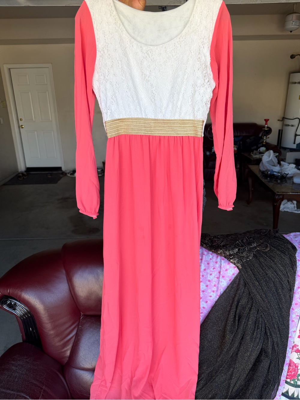 Women's Coral and White Long Sleeve Maxi Dress with Gold Waistband